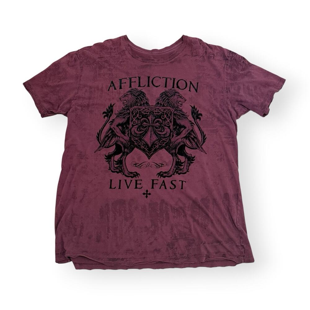 Affliction Live Fast Distressed T Shirt 3XL Lion Cross Velvet Graphic USA Red